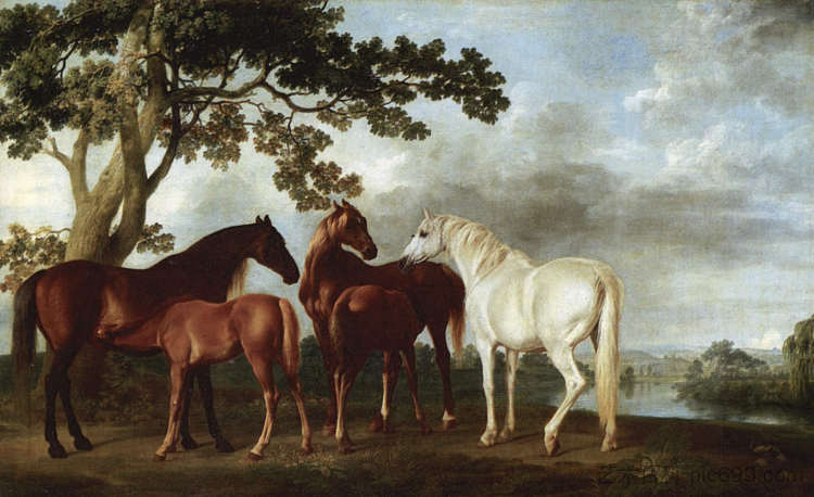 河流景观中的母马和小马驹 Mares and Foals in a River Landscape (1763 - 1768)，乔治·斯塔布斯