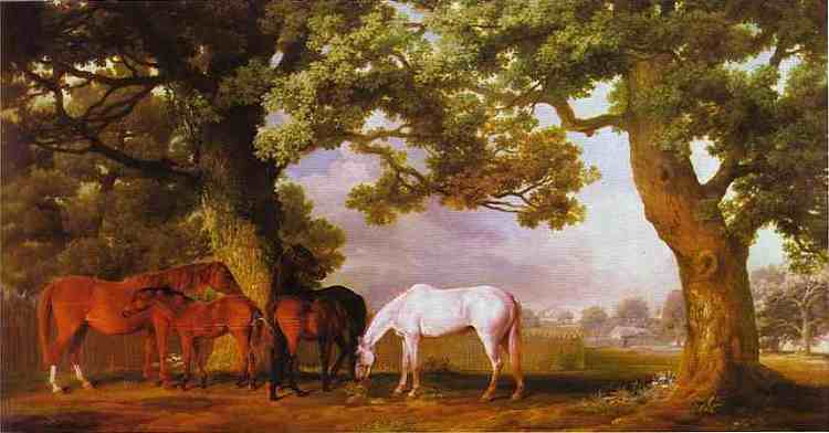 树木繁茂的景观中的母马和小马驹 Mares and Foals in a Wooded Landscape (1760 - 1762)，乔治·斯塔布斯