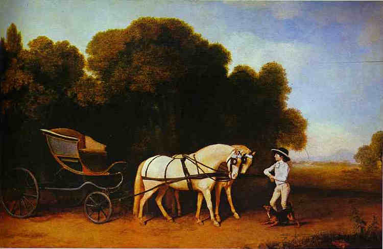 公园辉腾与一对奶油庞特斯负责一个有狗的马厩小伙子 Park Phaeton with a Pair of Cream Pontes in Charge of a Stable Lad with a Dog (1780 - 1785)，乔治·斯塔布斯