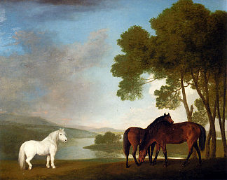 风景中的两匹海湾母马和一匹灰色小马 Two Bay Mares And a Grey Pony In a Landscape (1793)，乔治·斯塔布斯