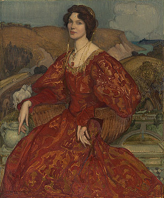 西比尔·沃勒穿着红色和金色连衣裙 Sybil Waller in a Red and Gold Dress (1905)，乔治华盛顿兰伯特