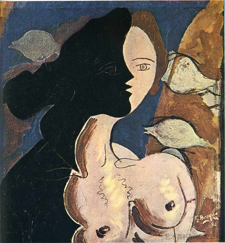 图形双与海洋背景 Figure double with marine background (1942; France  )，乔治·布拉克