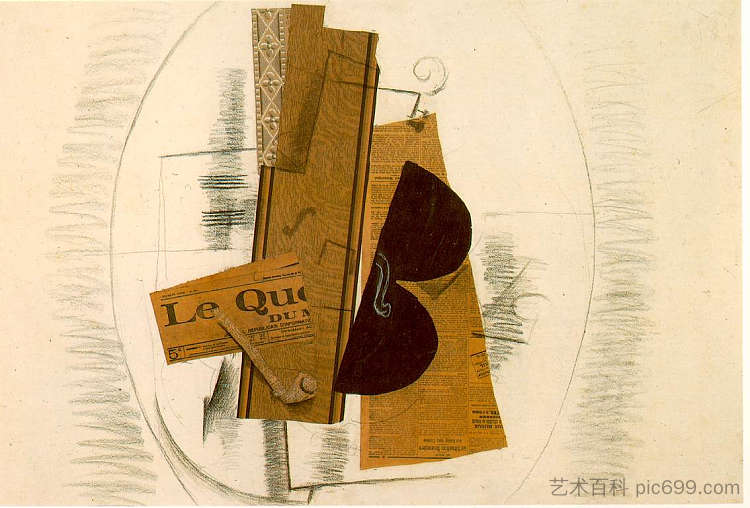 小提琴和管子，“Le Quotidien” Violin and Pipe, 'Le Quotidien' (1913; France  )，乔治·布拉克