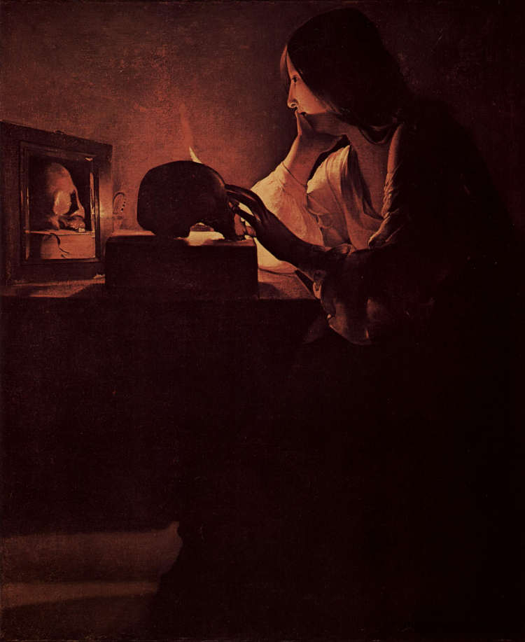 悔改抹大拉,在镜子或马加达林法比尤斯之前也称为抹大拉。 Repenting Magdalene, also called Magdalene before Mirror or Magadalene Fabius. (c.1630),乔治·德·拉·图尔
