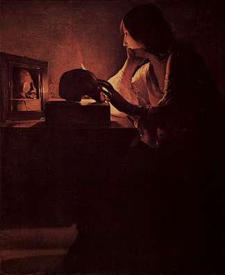 悔改抹大拉，在镜子或马加达林法比尤斯之前也称为抹大拉。 Repenting Magdalene, also called Magdalene before Mirror or Magadalene Fabius. (c.1630)，乔治·德·拉·图尔
