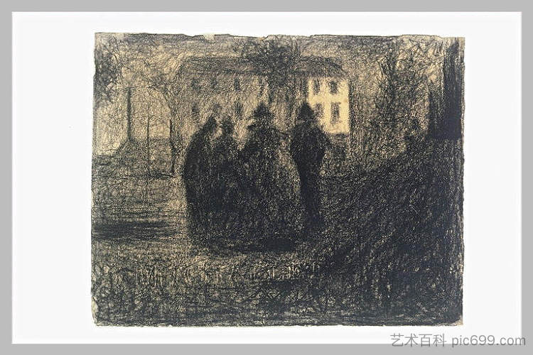 一群人家在房子和一些树前 Group of figures in front of a house and some trees,乔治·修拉
