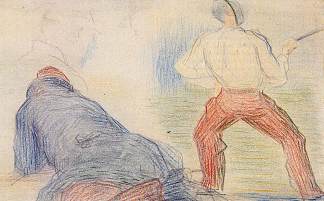 士兵击剑，另一个斜倚 Soldier Fencing, Another Reclining (1880; France                     )，乔治·修拉