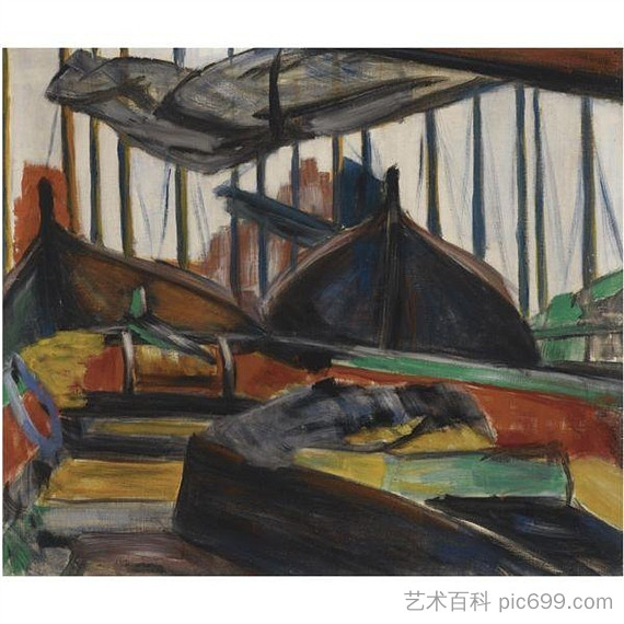 福伦丹停泊的渔船 Moored Fishing Boats in Volendam (1915)，乔治·梵顿格勒