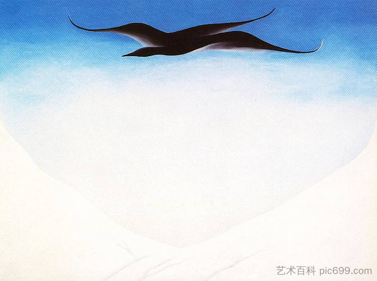 白雪皑皑的红山的黑鸟 A Black Bird With Snow Covered Red Hills (1946)，乔治亚·奥基夫