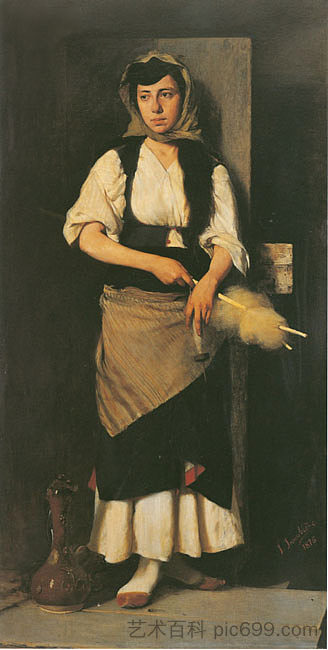 女孩与迪斯塔夫和纺锤 Girl with Distaff and Spindle (1876)，乔治奥斯雅各布布德