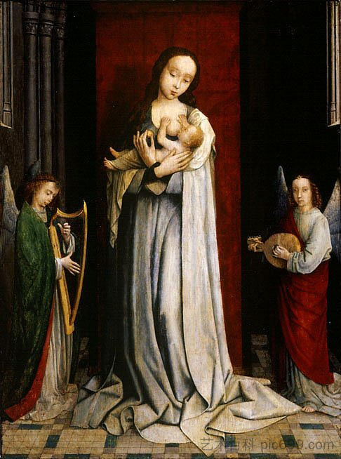 麦当娜和孩子与两个音乐制作天使 Madonna and Child with Two Music Making Angels (1498)，杰勒德·大卫