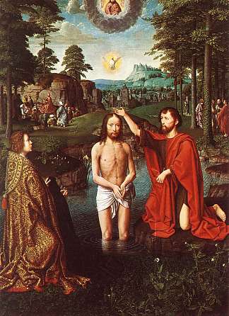 基督的洗礼（扬·德·特龙普斯三联画的中心部分） The Baptism of Christ (central section of Triptych of Jan des Trompes) (c.1505)，杰勒德·大卫