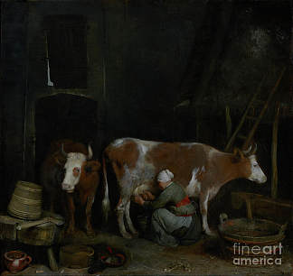 女仆在谷仓里挤奶 A Maid Milking A Cow In A Barn，杰拉德·特·博尔奇