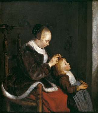 母亲为孩子梳头 Mother Combing the Hair of Her Child (c.1653)，杰拉德·特·博尔奇