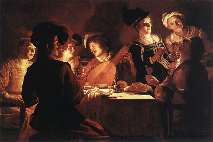 与琵琶演奏家的晚餐派对 Supper Party with Lute Player (c.1616 - c.1620)，杰拉德·范·洪托斯特