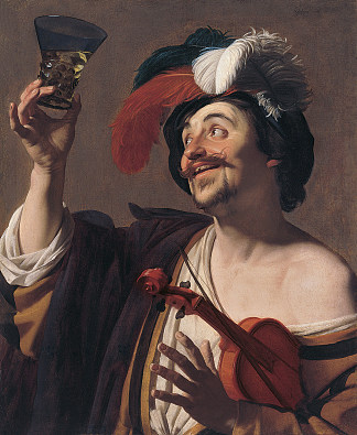 快乐的小提琴手与一杯葡萄酒 The Happy Violinist with a Glass of Wine (c.1624)，杰拉德·范·洪托斯特