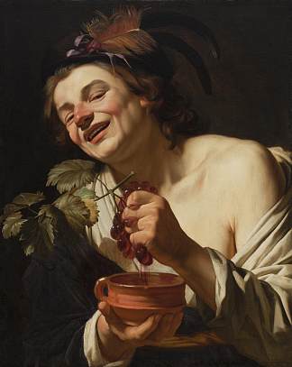 微笑的年轻人挤压葡萄 Smiling Young Man Squeezing Grapes (1622)，杰拉德·范·洪托斯特