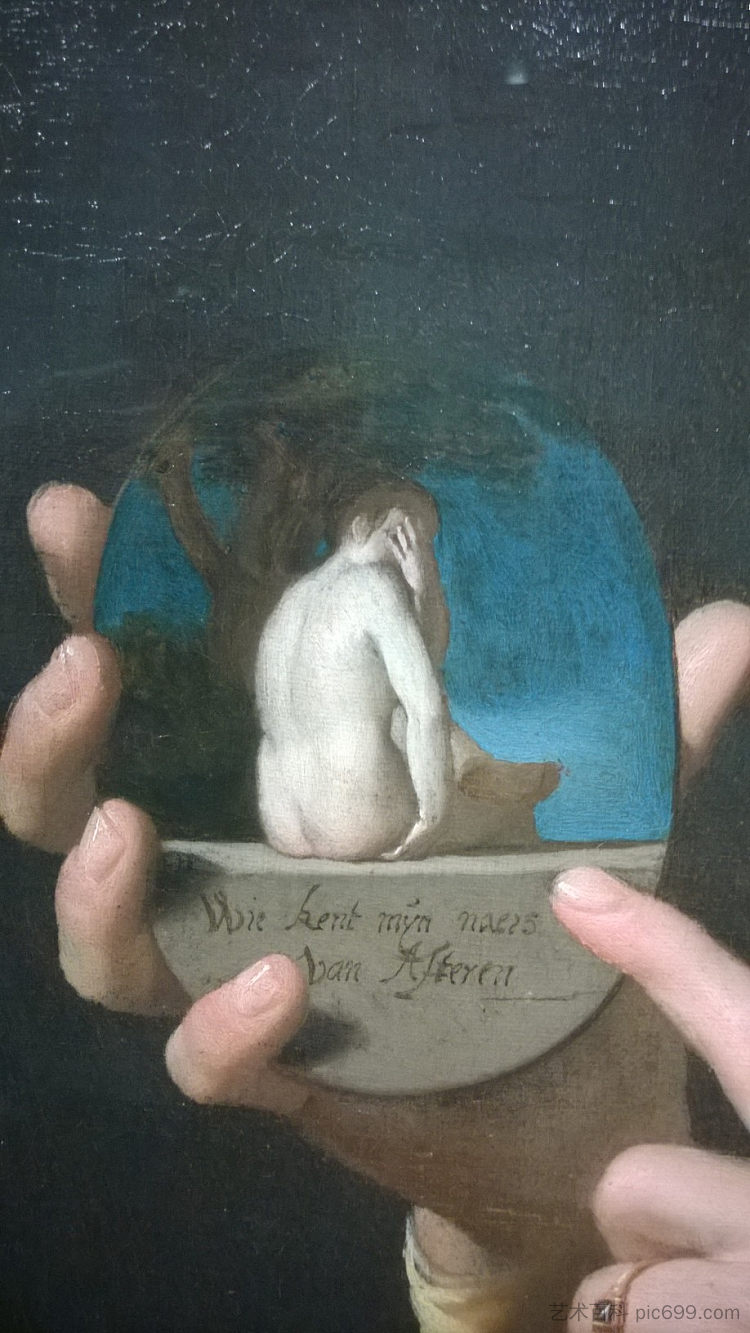 微笑的女孩,,拿着淫秽图像(局部) Smiling Girl, a Courtesan, Holding an Obscene Image (detail) (1625),杰拉德·范·洪托斯特