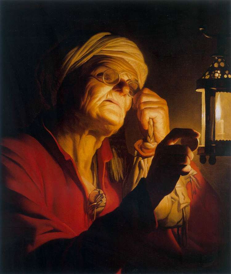 老妇人借着灯笼检查硬币 Old Woman Examining a Coin by a Lantern (1623)，杰拉德·范·洪托斯特