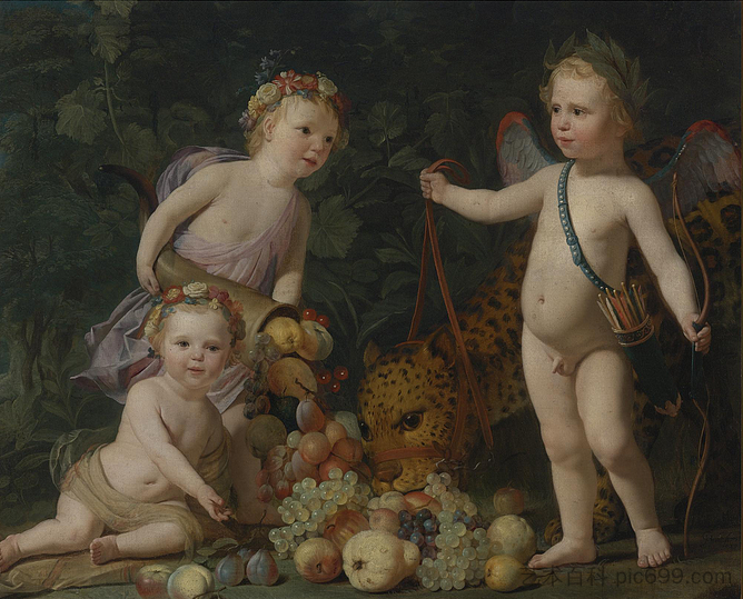 三个孩子与水果和一只美洲虎 Three Children with Fruit and a Jaguar (1649)，杰拉德·范·洪托斯特