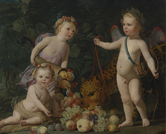 三个孩子与水果和一只美洲虎 Three Children with Fruit and a Jaguar (1649)，杰拉德·范·洪托斯特