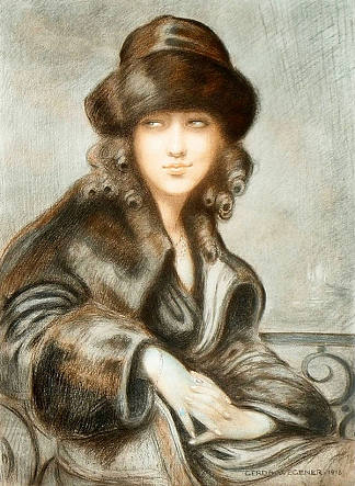 一位戴着皮帽的优雅年轻女士 作者：格尔达·韦格纳 An Elegant Young Lady with a Fur Hat by Gerda Wegener (1918)，格尔达·魏格纳