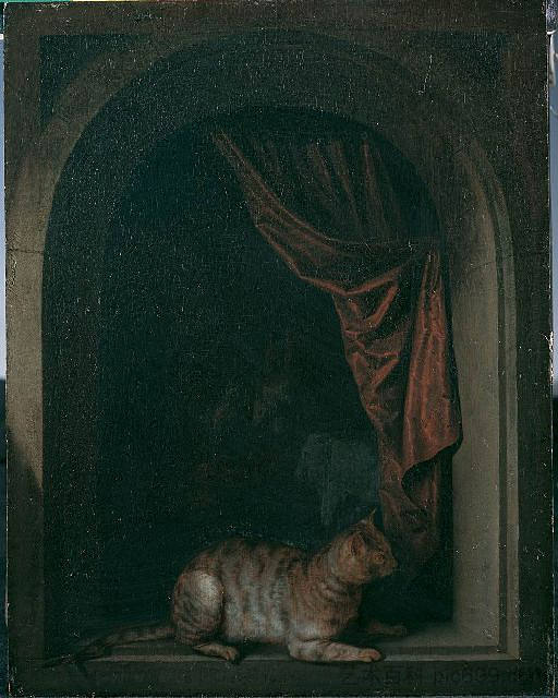 画家工作室橱窗里的猫 A Cat in the Window of a Painter's Studio (1657)，格利特窦