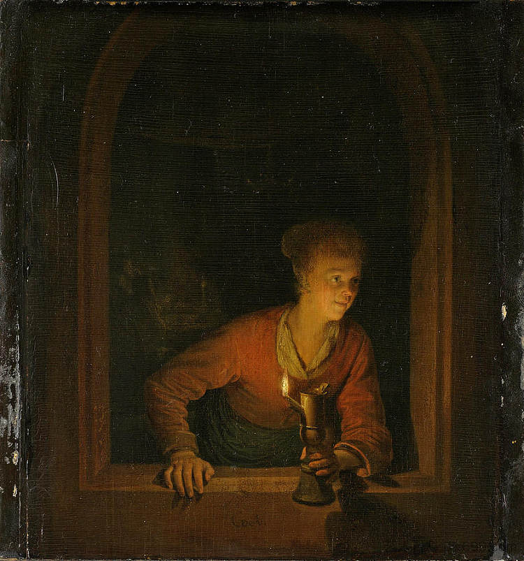 窗前拿着油灯的女孩 Girl with An Oil Lamp at a Window，格利特窦