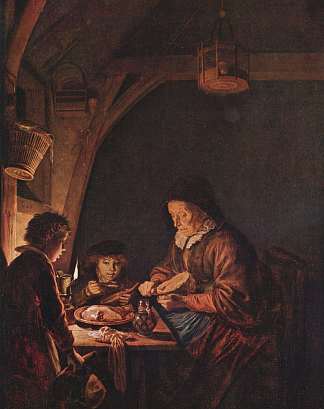 老妇人切面包 Old Woman Cutting Bread (c.1655)，格利特窦