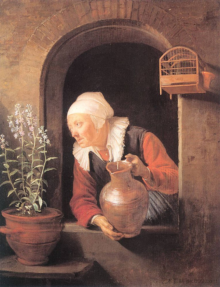 老妇人浇花 Old Woman Watering Flowers (1660 - 1665)，格利特窦