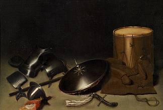 静物与盔甲，盾牌，戟，剑，皮夹克和鼓 Still life with armor, shield, halberd, sword, leather jacket and drum (1630)，格利特窦