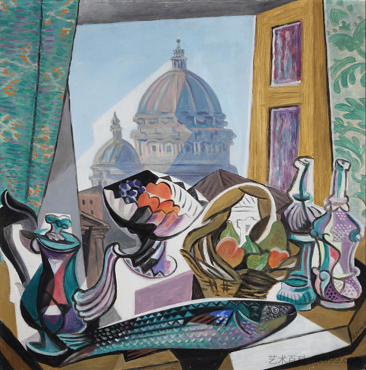 静物与圣彼得大教堂圆顶 Still Life with the Dome of St. Peter's (1943)，吉诺·塞韦里