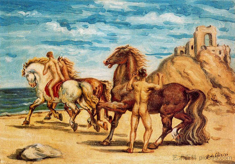 马与骑手 Horses with riders (1934)，乔治·德·基里科