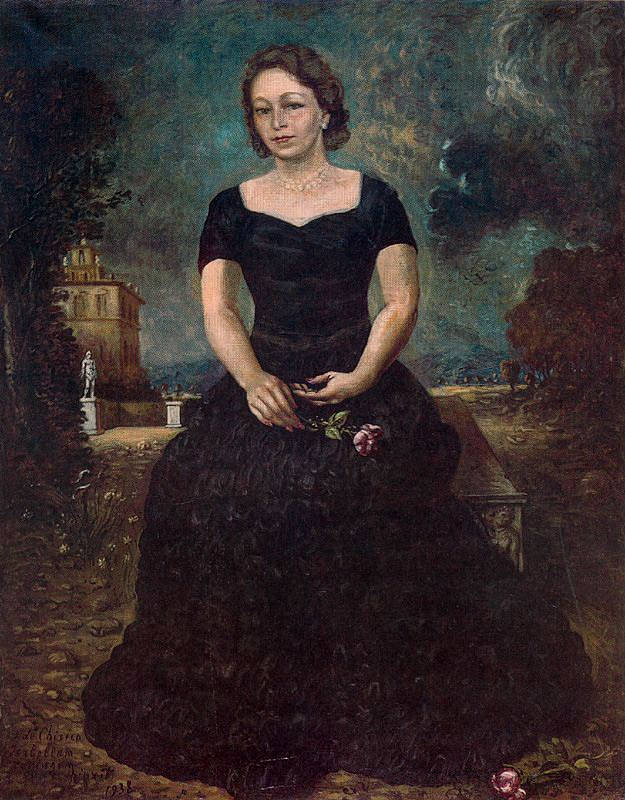 伊萨与公园里的玫瑰的肖像 Portrait of Isa with rose in park (1938; Rome,Italy  )，乔治·德·基里科