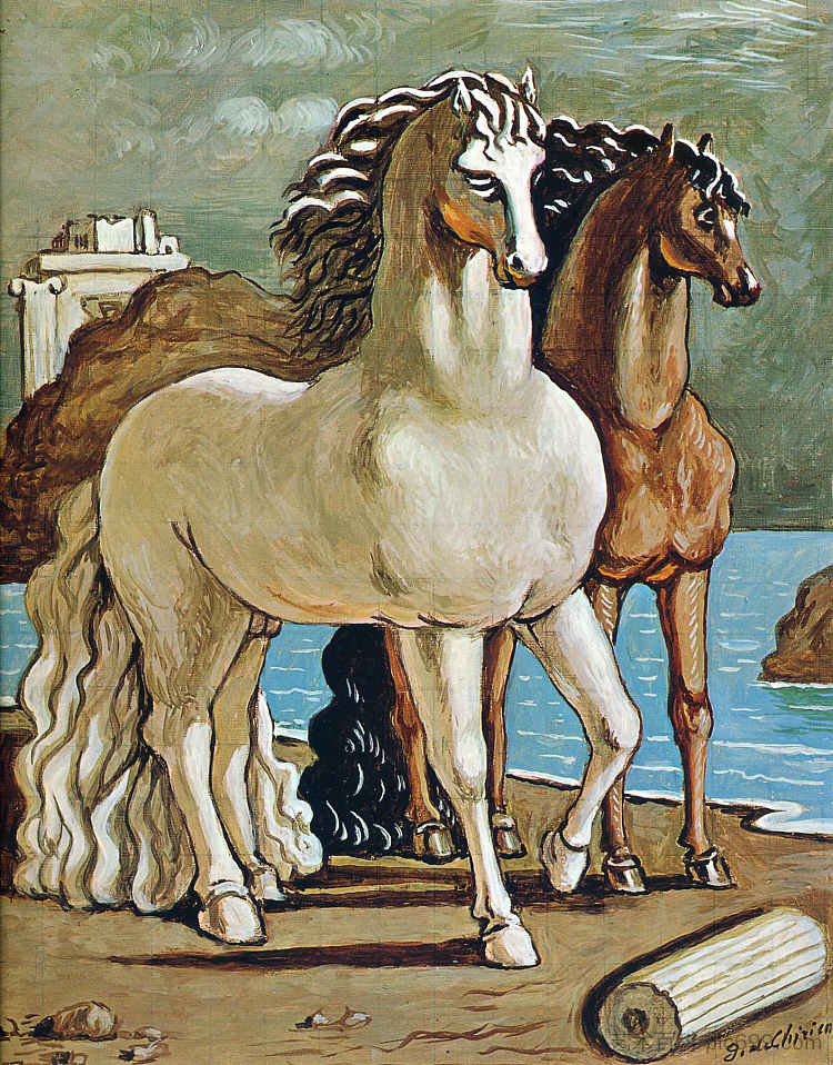 湖边的两匹马 Two Horses by a Lake (c.1950; Rome,Italy  )，乔治·德·基里科