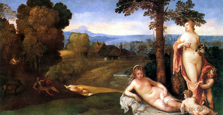 仙女和孩子在与牧羊人的风景中 Nymphs And Children In a Landscape With Shepherds,乔尔乔内