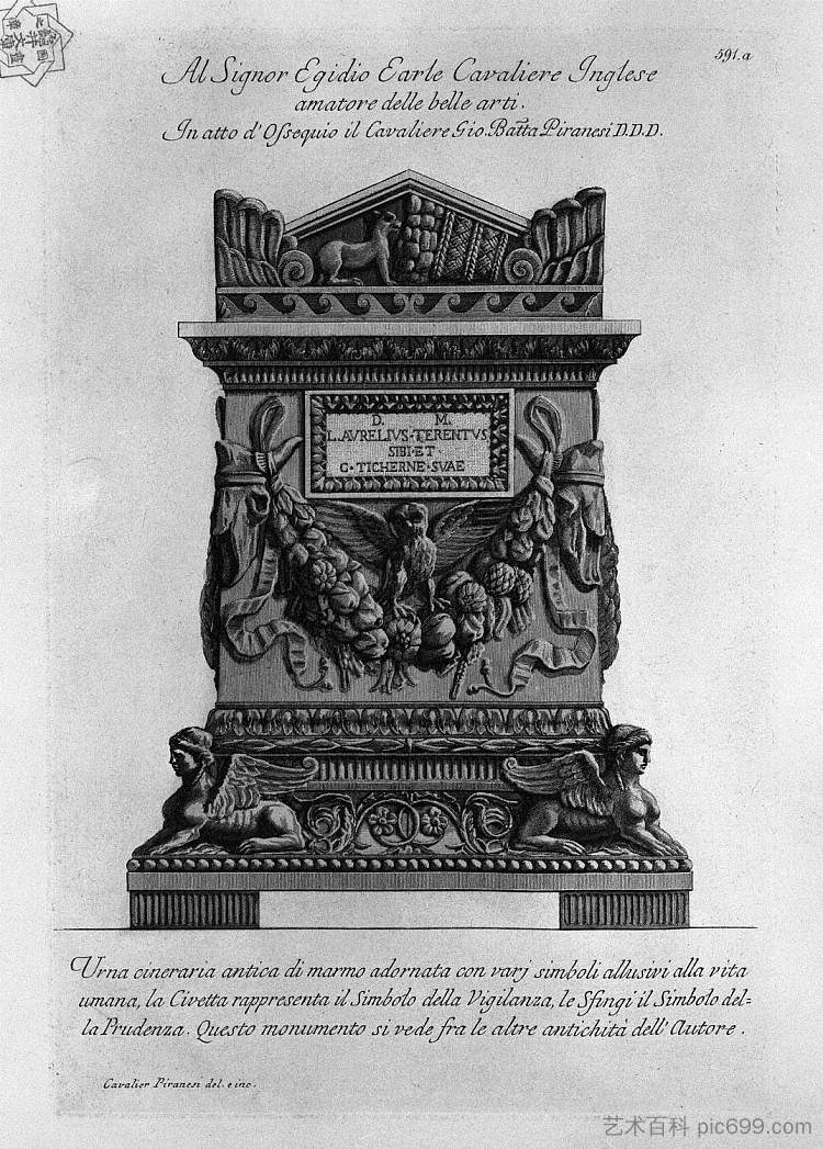 古老的大理石瓮上装饰着各种暗示人类生活的符号 Ancient marble urn adorned with various symbols alluding to human life (c.1778),乔瓦尼·巴蒂斯塔·皮拉内西
