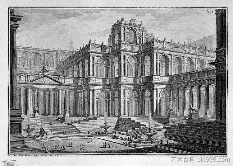 古罗马广场被拱廊环绕，有凉廊 Ancient Roman Forum surrounded by arcades, with loggias (c.1743)，乔瓦尼·巴蒂斯塔·皮拉内西