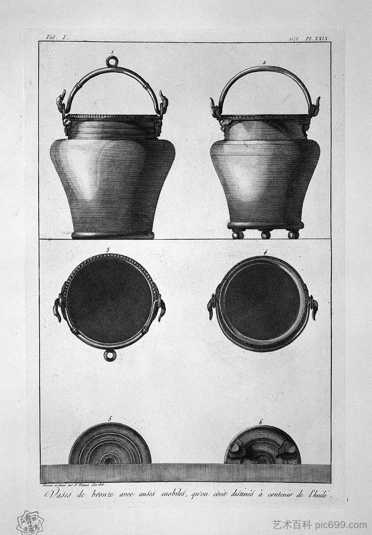 在庞贝城发现的带有可移动手柄的青铜器皿 Bronze vessels with movable handles, found at Pompeii，乔瓦尼·巴蒂斯塔·皮拉内西