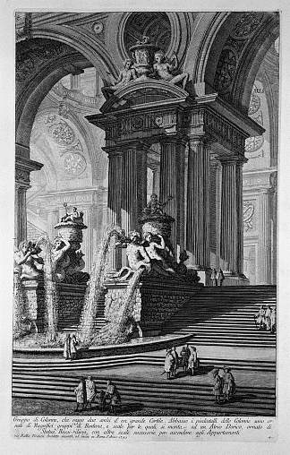 柱组占据一个带有喷泉和楼梯的大庭院的两个弧形 Column group holding two arcs of a large courtyard with fountains and stairs (c.1750)，乔瓦尼·巴蒂斯塔·皮拉内西