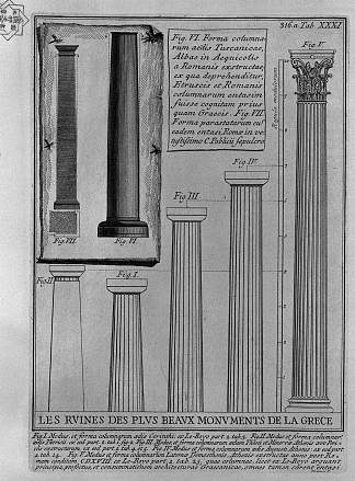 多立克，科林斯和托斯卡纳专栏（来自勒罗伊） Columns Doric, Corinthian and Tuscan (from Le Roy)，乔瓦尼·巴蒂斯塔·皮拉内西