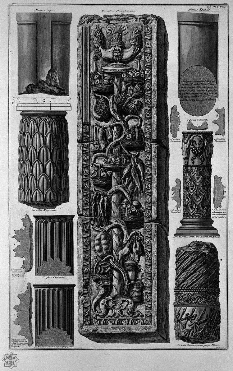 柱子鼓和罗马别墅的浅浮雕 Drums of columns and bas-relief of Roman Villas，乔瓦尼·巴蒂斯塔·皮拉内西