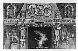 埃及风格的壁炉，两侧是两个跪着的女性人物 Egyptian-style fireplace, flanked by two kneeling female figures，乔瓦尼·巴蒂斯塔·皮拉内西