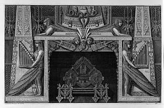 埃及风格的壁炉，上面有两个狮身人面像，两侧是两个伟大的竖琴手形象，一个丰富的内部翼楼 Egyptian-style fireplace surmounted by two sphinxes and flanked by two great figures of harpists, a rich interior wing，乔瓦尼·巴蒂斯塔·皮拉内西