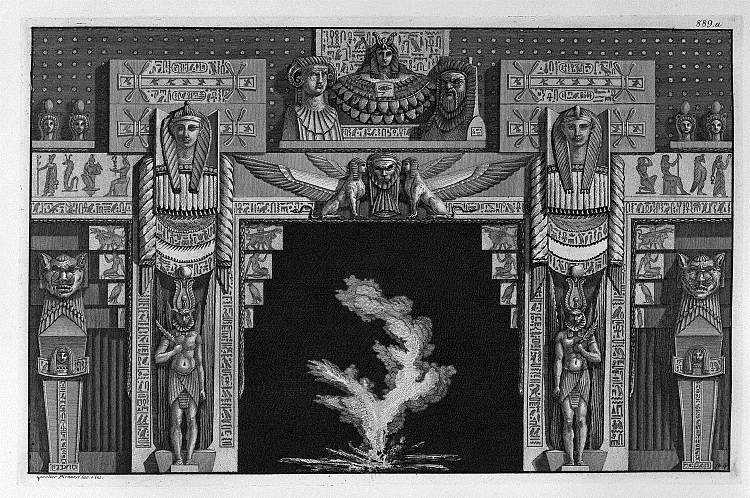 埃及风格的壁炉，两侧两个狮身人面像之间的狮子面具的楣板神圣的人物站着狮子头 Egyptian-style fireplace, the frieze of a lion mask between two sphinxes on the sides sacred figures standing with a lion`s head，乔瓦尼·巴蒂斯塔·皮拉内西