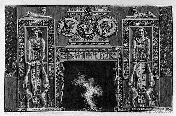 埃及风格的壁炉，每边两个杂耍者洒在手上 Egyptian-style fireplace, two on each side jugglers spilled on the hands，乔瓦尼·巴蒂斯塔·皮拉内西