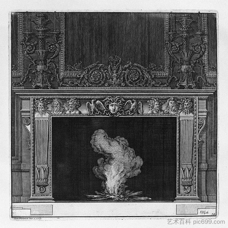 壁炉：色狼楣中的半身像和两只鹰中间的美杜莎头 Fireplace: busts in the frieze of satyrs and the head of Medusa in the center between two eagles，乔瓦尼·巴蒂斯塔·皮拉内西