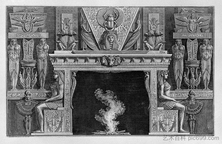 壁炉埃及风格，两侧两个坐姿人物，朝外 Fireplace Egyptian style, the sides two seated figures in profile, facing outwards，乔瓦尼·巴蒂斯塔·皮拉内西