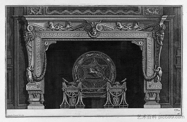 壁炉:卷轴和海马的楣带,中央面具,丰富的内部翼楼 Fireplace: frieze of scrolls and sea horses with central mask, a rich interior wing,乔瓦尼·巴蒂斯塔·皮拉内西