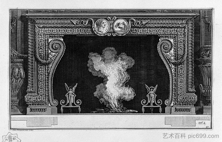 壁炉:用他的帝国反手在奖牌上饰带;内翼与两个翅膀的胜利 Fireplace: frieze on a medal with his imperial backhand; inside wing with two winged Victories,乔瓦尼·巴蒂斯塔·皮拉内西